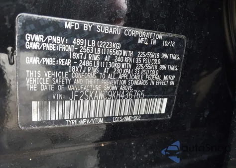 2019 Subaru Forester Touring z USA, uszkodzony, nr VIN JF2SKAWC9KH436765